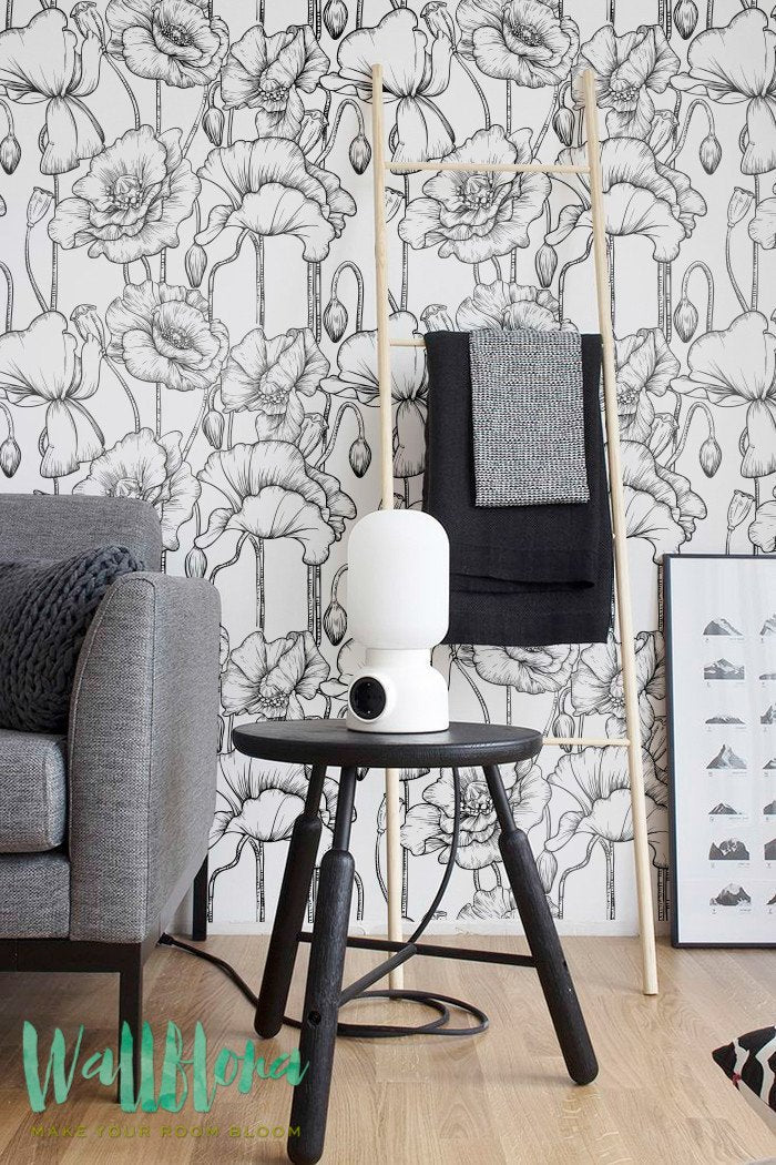 Monochrome Poppy Removable Wallpaper