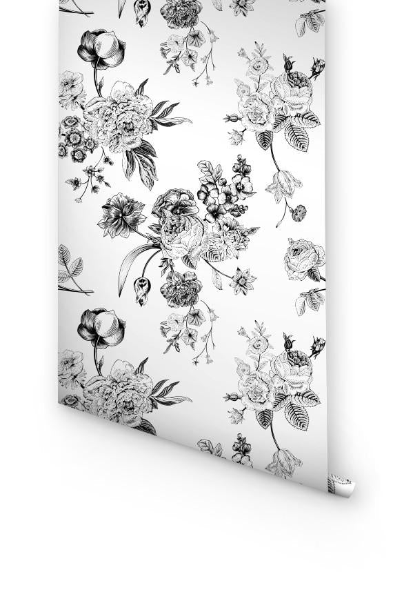 Black And White Floral Removable Wallpaper