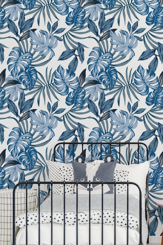 Blue Palm Leaves Peel And Stick Wallpaper