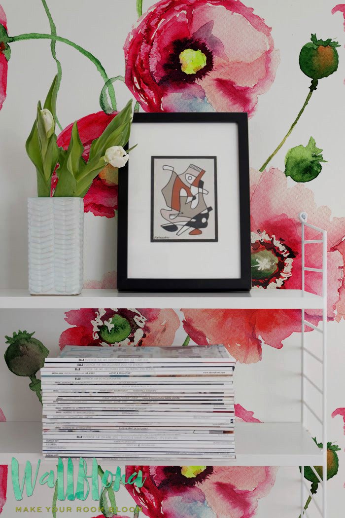 Red Watercolor Poppy Removable Wallpaper