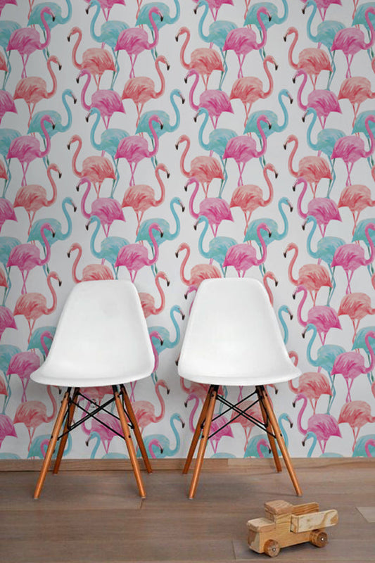Pink And Blue Flamingo Removable Wallpaper