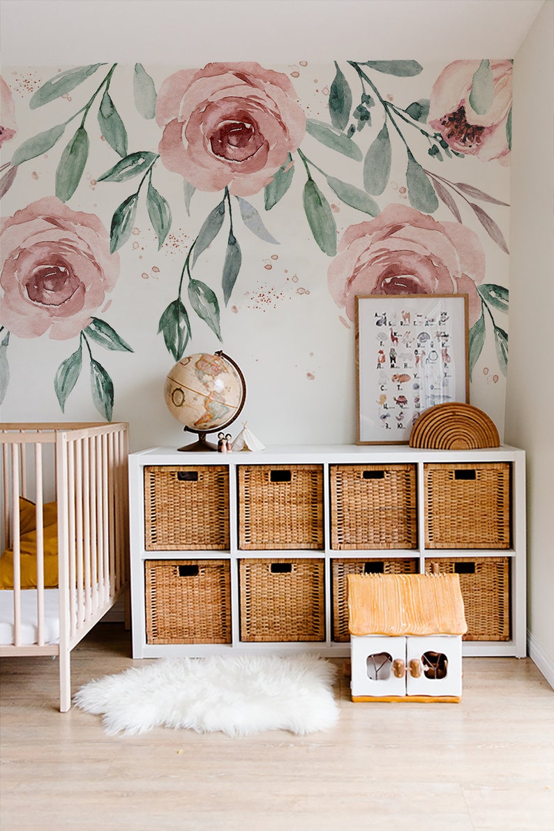 Watercolor Roses Name Sign Nursery Wallpaper