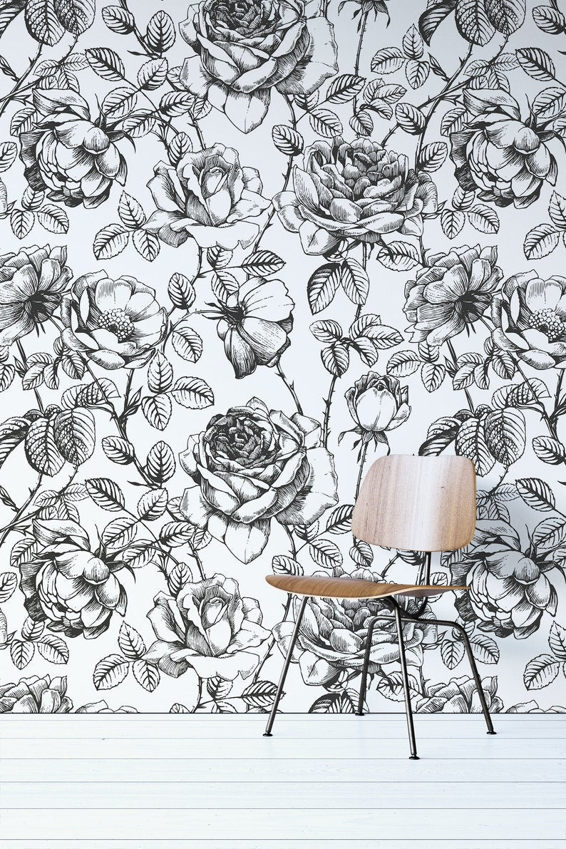 Monochrome Roses Removable Wallpaper