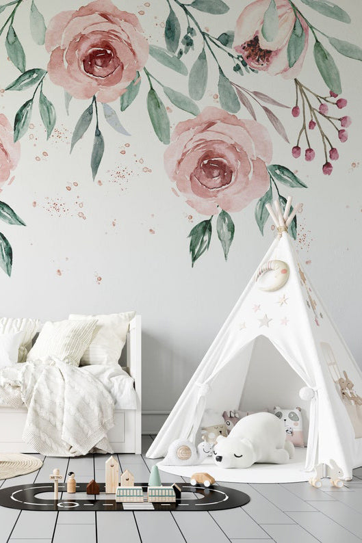 Watercolor Roses Name Sign Nursery Wallpaper