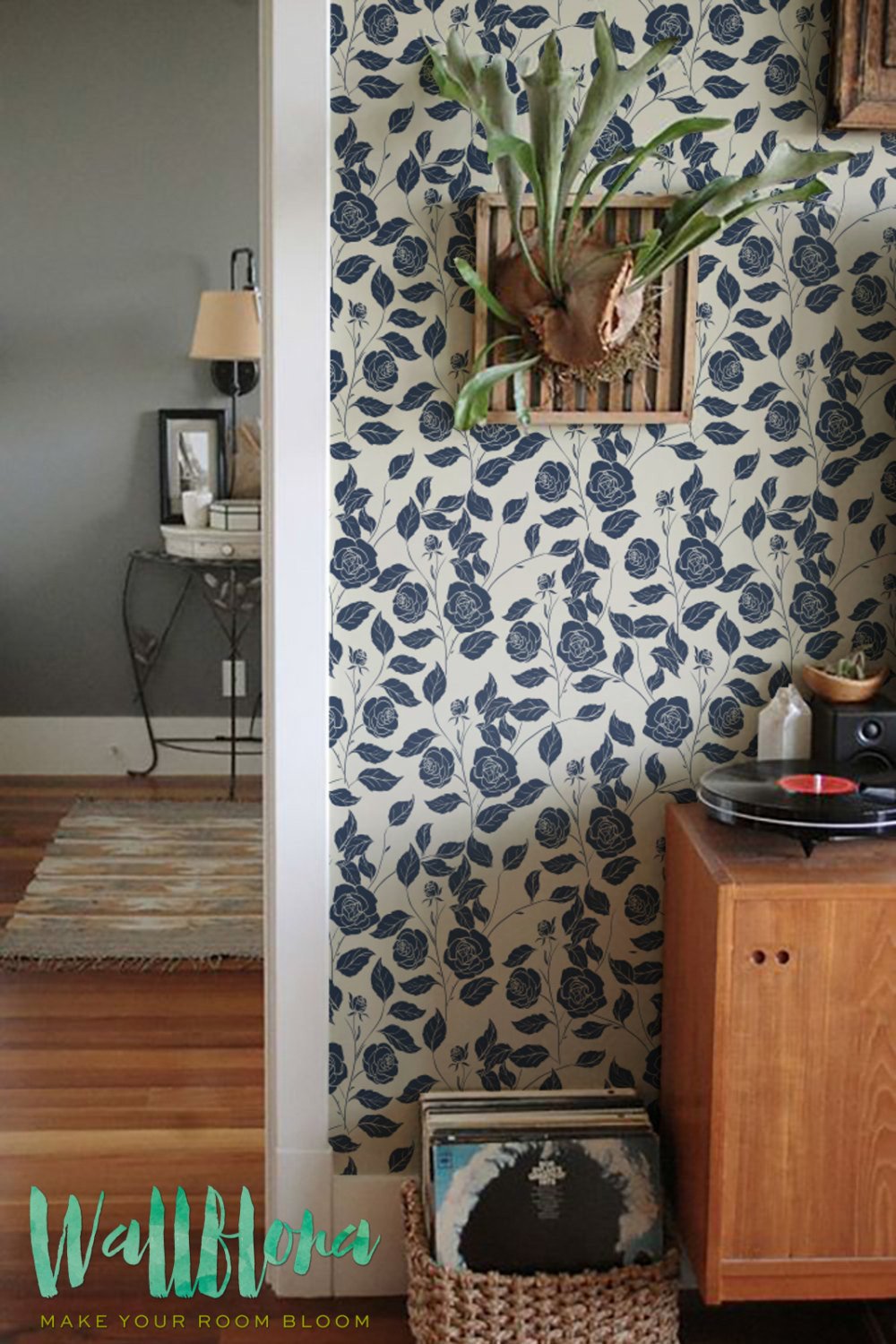 Blue Garden Roses Wallpaper For Living Room