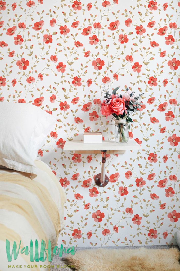 Red Floral Removable Wallpaper